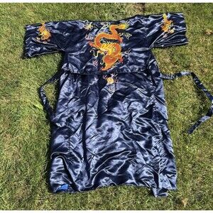 Golden Bee Vintage Navy DRAGON EMBROIDERED Rayon Satin DRESSING ROBE KIMONO S